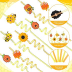 Yungyan 16 Sets Honey Bee Party Favors Goodie Cups with Lids and Straws for Birthday Decorations Reusable 16oz Plastic Candy Cups Plastic Straws for Birthday Party(Bee)