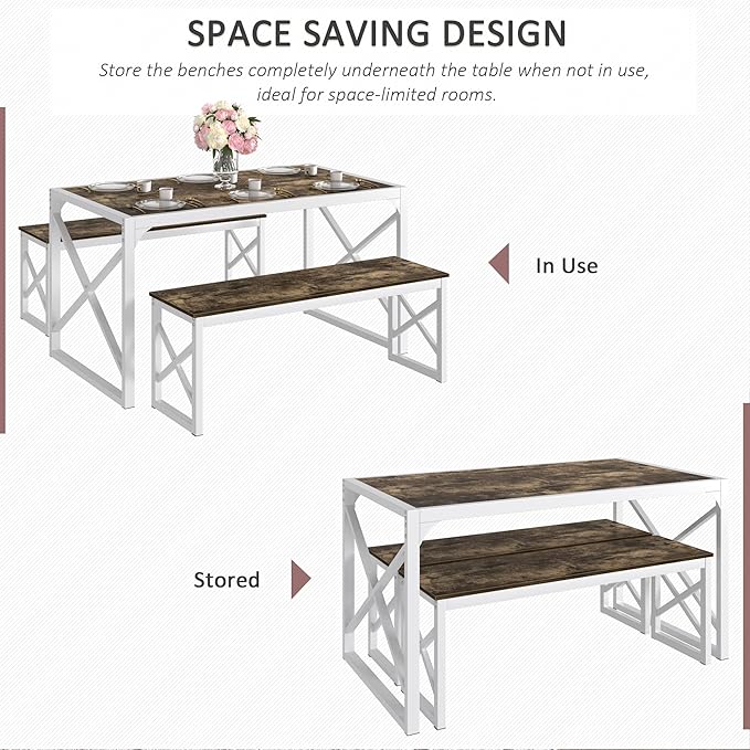VECELO Kitchen Dining Table Set for 4 to 6, 55" Wood Dinette 2 Benches with Metal Frame for Dinner Breakfast Nook and Small Space, Dark Brown