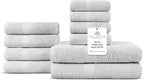 100% Cotton Bath Towel Set of 10-2 Bath Towels, 4 Hand Towels, 4 Wash Cloths, Sustainable, Soft, Highly Absorbent, Combed Cotton 10 Piece Set for Hotels, Spa, Bathroom, Dorm, Silver