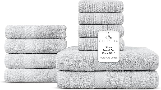 100% Cotton Bath Towel Set of 10-2 Bath Towels, 4 Hand Towels, 4 Wash Cloths, Sustainable, Soft, Highly Absorbent, Combed Cotton 10 Piece Set for Hotels, Spa, Bathroom, Dorm, Silver