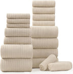 18 Piece Bath Towels Set,Ultra Soft Family Bathroom Towel Set with Hanging Loops-6 Bath Towels,6 Hand Towels,6 Washcloths,Highly Absorbent Quick Dry Shower Towel for Bathroom,Hotel,Spa-Beige Towel Set
