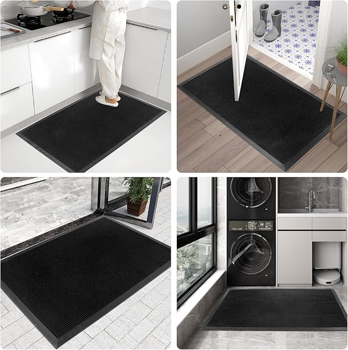 Kuyal Front Door Mat, 2'x3' Outdoor Entrance Mat, Winter Non-Slip Waterproof Outside Entrance Mats, Heavy Duty Durable Welcome, Non Slip Rubber Outdoor Mats for Entryway, Black