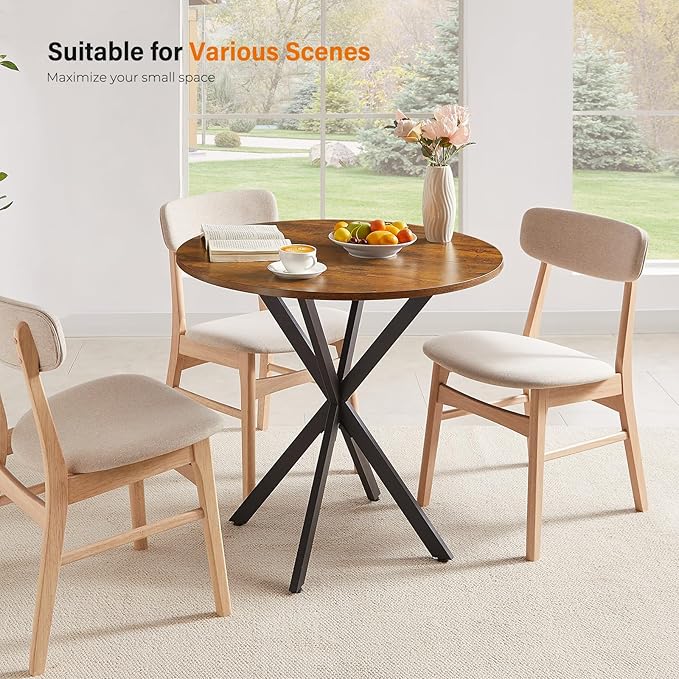 Unovivy 31.5" Small Round Dining Table for 2-4, Space Saving Circle Kitchen Dinner Table, Industrial Mid Century Modern Dining Room Desk for Kitchen, Apartment, Rustic Brown