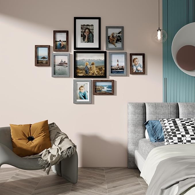 Vittanly Picture Frames Set of 10, Picture Frames Collage Wall Decor with Two 8x10, Four 5x7, and Four 4x6 Photo Frames, Gallery Wall Frame Set for Wall or Tabletop Display, Black&Brown&Grey