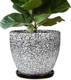 10 Inch Plant Pot - Ceramic Planter for Indoor Outdoor, Round Large Plant Pots, Modern Planter with Drainage Hole and Tray, Home Room Office Garden Decor, Gifts for Women Men, White-Black