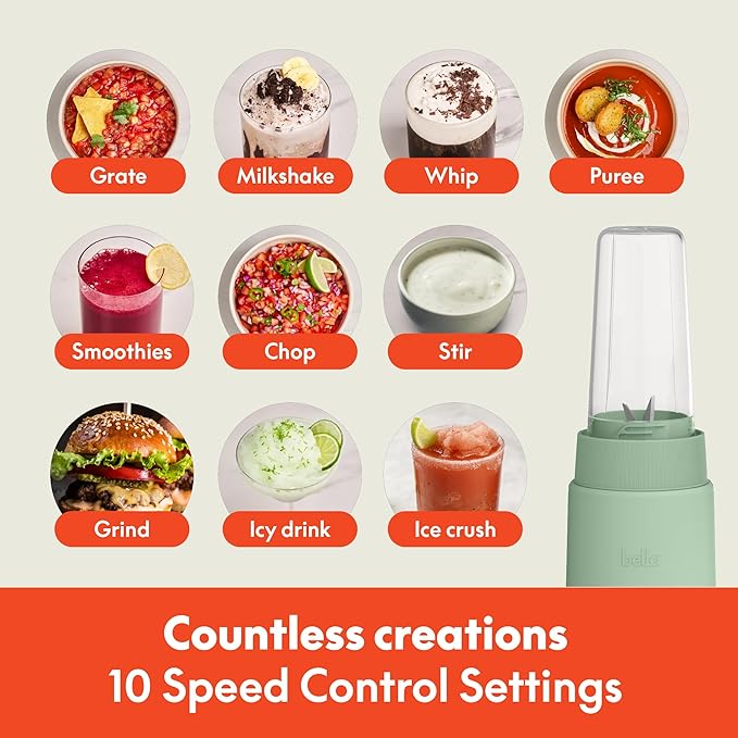 bella 6 Pcs Portable Rocket Blender, Juicer & Smoothie Maker, Press & Twist Design, EverGood™ & BPA Free Dishwasher Safe Parts, 4 Tip Stainless Steel Blade, Cord Wrap, 240 Watt Motor, Seaglass