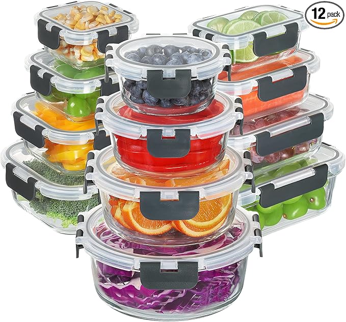 BAYZZ 24 Piece Glass Food Storage Containers with Lids, Airtight Glass Meal Prep Containers for Kitchen, BPA-Free Lunch Box, Microwave and Freezer Safe