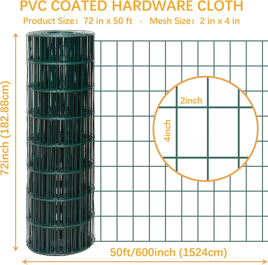 Green Metal Garden Fence, 72inch(H) x 50ft(L), 2 inch x 4 inch,12.5GA 2/3/4/5/6 Ft Tall Chicken Wire PVC Coated Welded Wire Mesh Roll for Dogs Border Yard Vegetable Plant Protection Poultry Netting