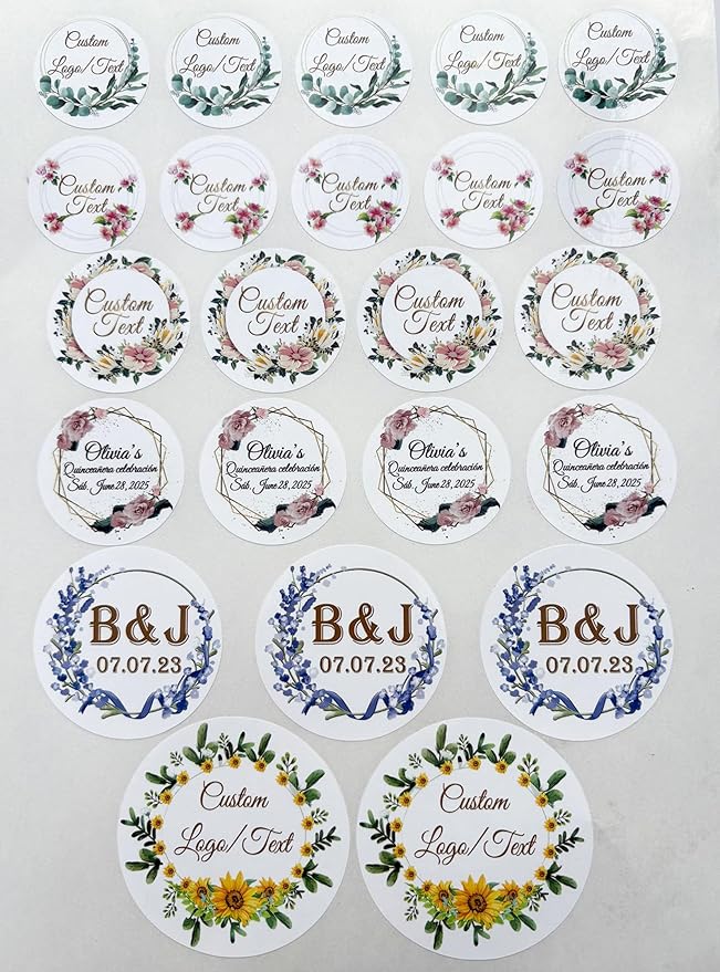 Custom Stickers for Weddings, Birthdays & Businesses - Personalized Labels with Your Logo - Waterproof, Fade and Heat Resistant - Pack of 100-1000 (Wreath B, 1.5 Inch)