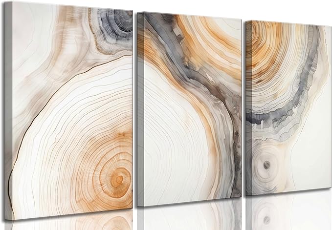 3 Pcs Beige Tree Rings Canvas Wall Art Modern Neutral Abstract Geome Nature Tree Ring Paintings Pictures Wall Decor Poster Print Artwork for Living Room Bedroom Office Home Decoration