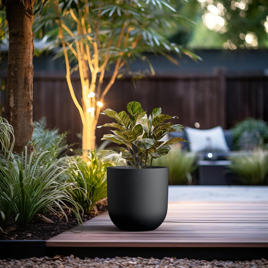 Kante 11.0" Round Concrete Planter, Large Cylinder Plant Pot with Curved Bottom and Drainage Hole, for Indoor and Outdoor Use – Garden or Patio, Black Finish with Warm Brown Interior