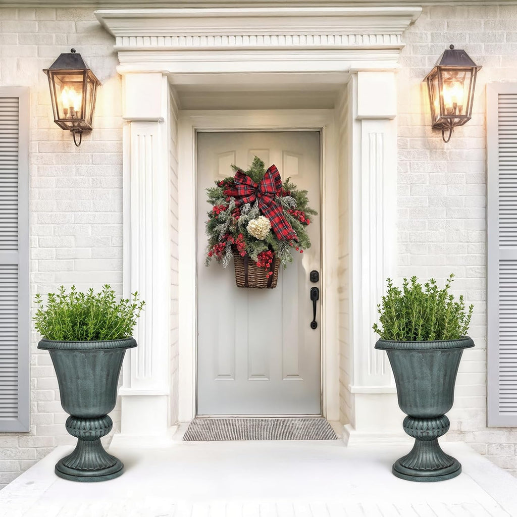 Magshion 20" Urn Planters for Outdoor Plants, Large Decorative Front Porch Planters Set of 2, Weatherproof Tall Plastic Flower Pots for Garden, Patio & Entryway Décor, Antique Green