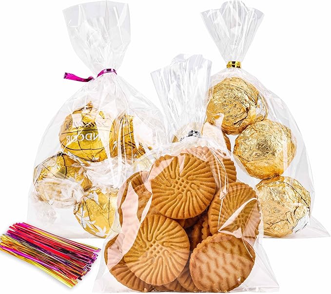 LOKIQNG Cellophane Bags Plastic Treat Bag Clear Cookie Candy Bags with Twist Ties for Party Favor Bag(100PACK,4x6inch)