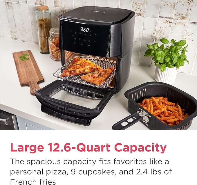 Frigidaire 5-in-1 Air Fryer Combo Oven with Viewing Window, Large 12.6 QT Capacity, Digital Display, 5 Cooking Modes, 7 Recipe Presets, Automatic Shake Reminder, PFAS-Free Cooking Surfaces, Black