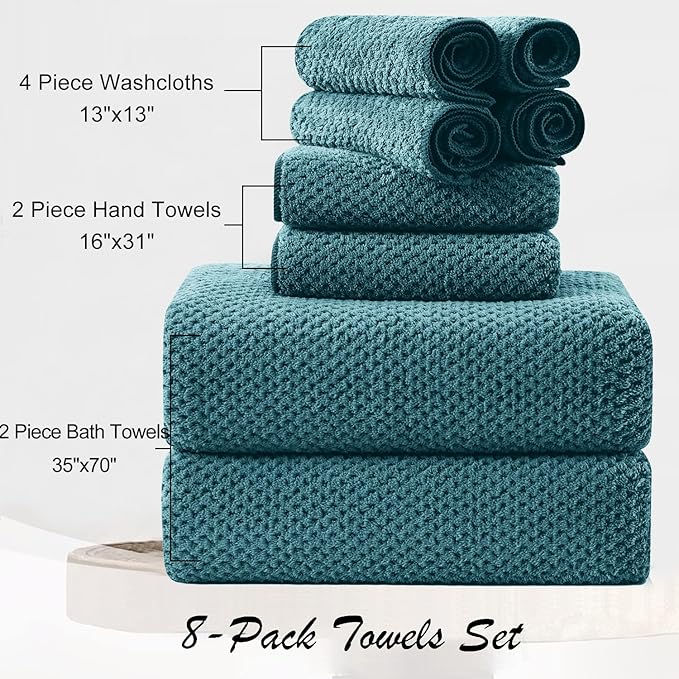 8 Piece Large Turquoise Family Bath Towel Set-2 Oversized Bath Towel Sheets,2 Hand Towels,4 Washcloths-600GSM Soft Highly Absorbent Quick Dry Beach Chair Towels Woven Towels for Bathroom Hotel and Spa