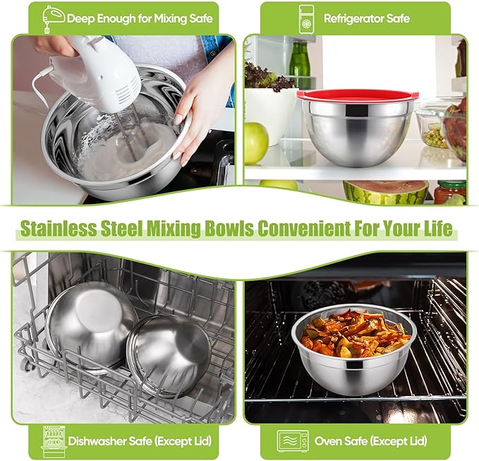 P&P CHEF Mixing Bowl with Airtight Lid Set of 5, 10-Piece Stainless Steel Nesting Salad Bowl Set for Prepping, Mixing and Serving, Size 4.6, 3, 1.5, 1, 0.7 QT, Rimmed Edges & Flat Base, Red
