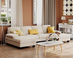 Furmax Sectional Couches for Living Room, U-Shaped Sofa Couch with Linen Fabric, 4 Seat Sofa Set with Double Chaise for Apartment (Fabric, White)