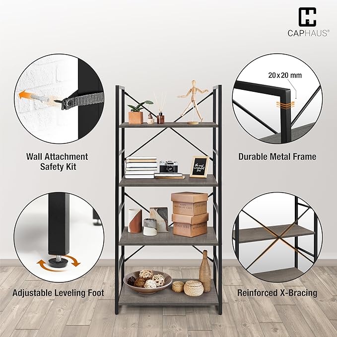 CAPHAUS 4 Tier Bookshelf, 24 Inch Width Free Standing Shelf, Bookcase Shelf Storage Organizer, Industrial Book Shelves for Home Office, Living Room, Kitchen, Dark Grey Vintage Shelves & Metal Frame