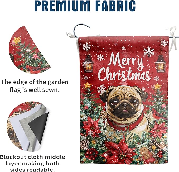 Christmas Pug Garden Flag Merry Christmas Dog Yard Flag for Outside Xmas Flags 12x18 Double Sided Red Poinsettia Garden Flags Winter Porch Decorations Outdoor