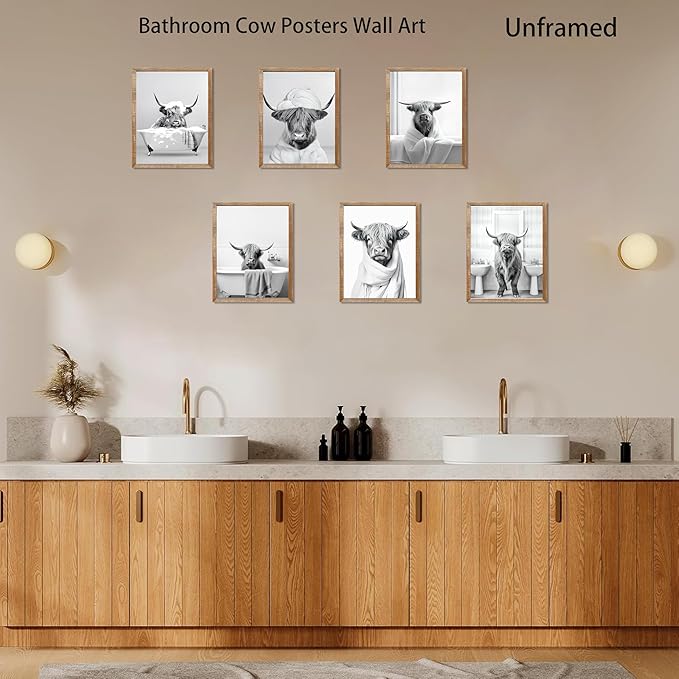 SEHSUVC Funny Bathroom Cow Posters Wall Art Set of 9, Black and White Highland Cow Canvas Wall Decor Painting, Humor Animals Pictures Prints for Bedroom Bathroom Childrenroom 8x10In Unframed