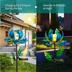 Huaxu Solar Outdoor Lights 35.4In Garden Decor Flower Wind Spinners,Waterproof LED Crackle Glass Globe Blue Lotus Art Metal Stake for Lawn Patio Pathway Yard Porch Driveway Decorations Gift