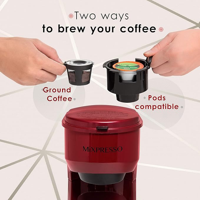Mixpresso 2 in 1 Coffee Brewer, Single Serve & Personal Coffee Maker, Compact Size Mini, Quick Brew Technology, 14oz Red