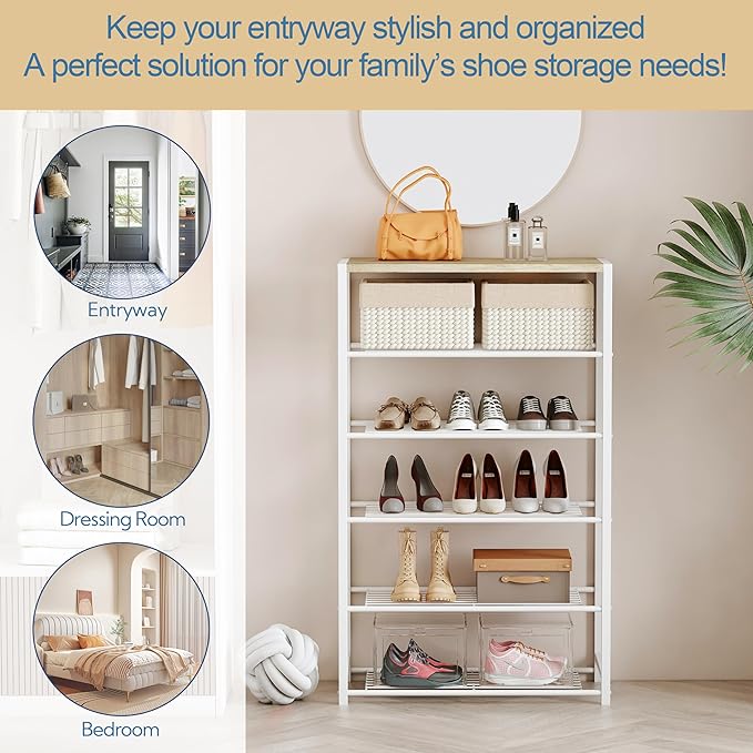 Yusong Shoe Rack Organizer, 6 Tier Industrial Shoe Storage Shelf, Narrow Sturdy Metal Shoe Shelves for Closet Entryway, Rustic Brown