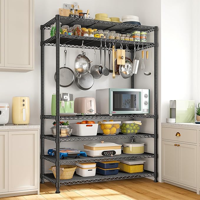 REIBII 75" H Metal Shelving 6 Tier Storage Shelf Adjustable Kitchen Shelf Wire Shelving Unit Detachable Storage Rack for Kitchen Laundry Living Room Commercial Heavy Duty Metal Shelf 75" X35" X14"