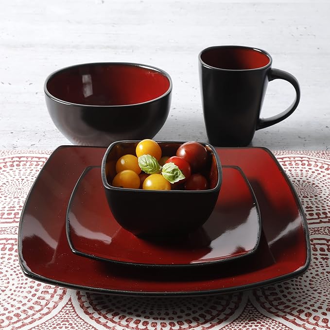 Gibson Elite Soho Lounge Square Reactive Glaze Stoneware Dinnerware Set, Service for 8 (40pc), Red/Black