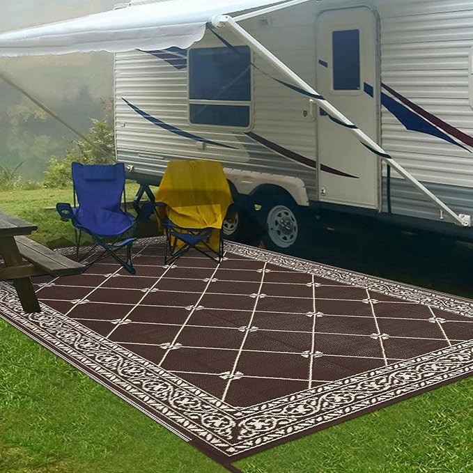 HiiARug Outdoor Patio Rugs 6x9Ft Outside Rugs Patio Waterproof Plastic Straw RV Camping Rug Reversible Mats Large Floor Mat and Rug for Patio, Backyard, Deck, Picnic, Beach, Trailer (Brown)
