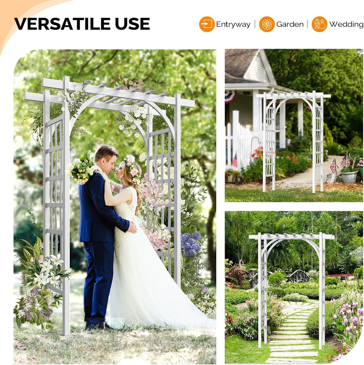 VINGLI Garden Arbor, PVC Wedding Arch for Ceremony Party, Garden Trellis for Climbing Plants Outdoor, Arch Backdrop Stand for Garden, Backyard, Lawn, Wedding