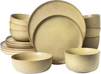 Gibson Elite James Street 16 Piece Stoneware Matte Reactive Double Bowl Dinnerware Set - Toast Cream, Service for 4 (16pcs)