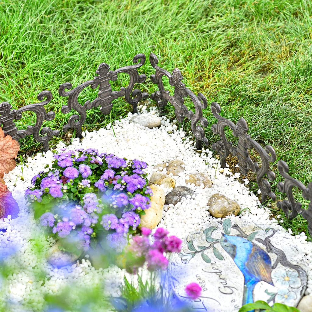 Sungmor Decorative Cast Iron Flower Bed Edging for Landscaping, 4PC Heavy Duty & Sturdy Low Garden Fence, 9.4" Tall Small Picket Fence, Pretty Vintage Lawn Edge Barrier, Outdoor Yard Decor Stakes