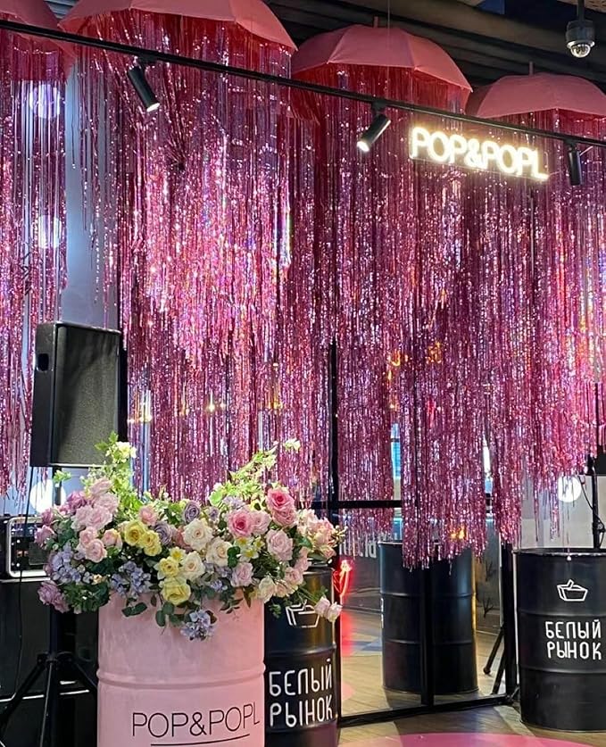 GOER 2 Pack 3.2 ft x 8.2 ft Metallic Tinsel Foil Fringe Curtains Party Photo Backdrop Party Streamers for Birthday,Graduation,New Year Eve Decorations Wedding Decor (Laser Pink)
