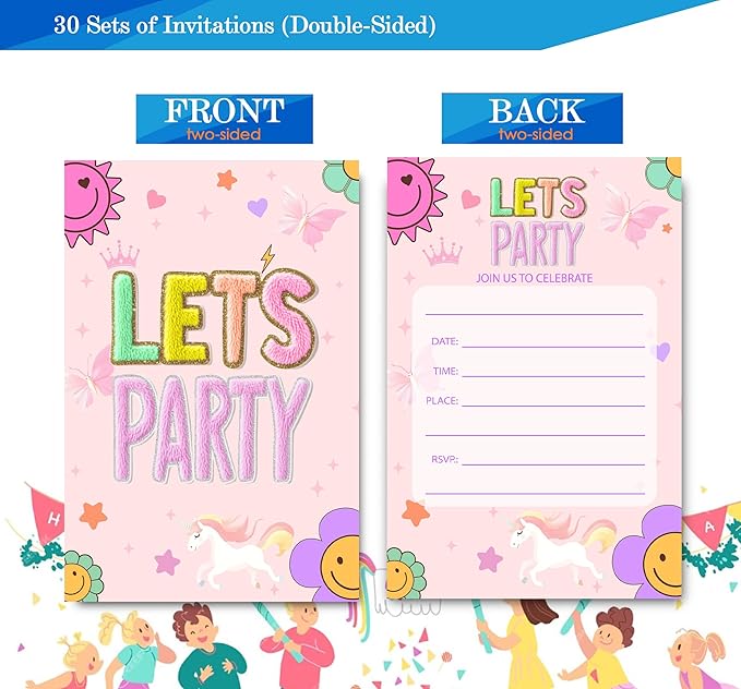 Preppy Patch Birthday Invitations for Girls, Let's Party Birthday Party Invitaions for Party Invites, 4x6 Inches, 30 Sets with Envelopes