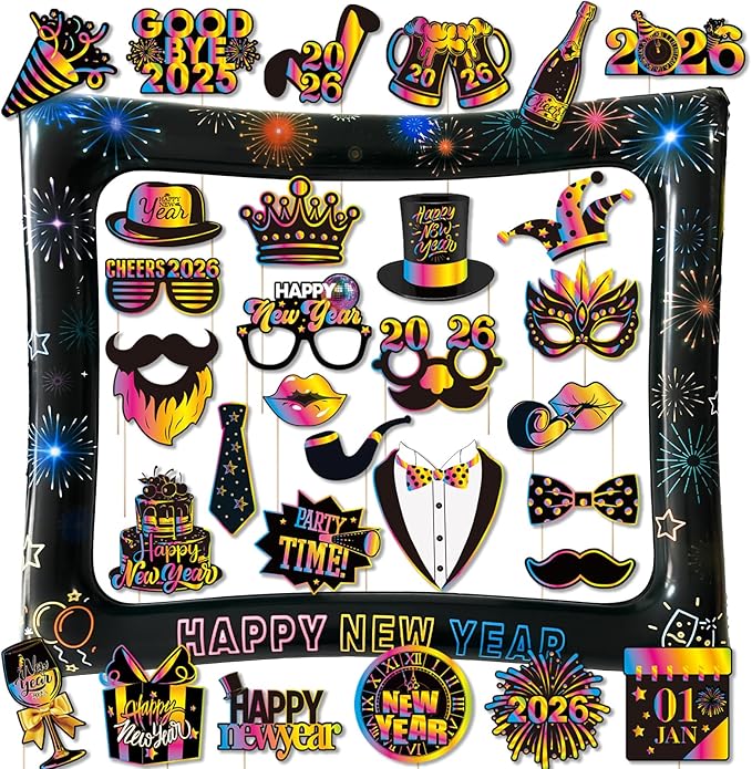 2026 New Year Photo Booth Inflatable Frame Kit, 30Pcs Colorful Neon New Years Photo Booth Props with Inflatable Picture Frame for New Year Eve Party Selfie Props Supplies