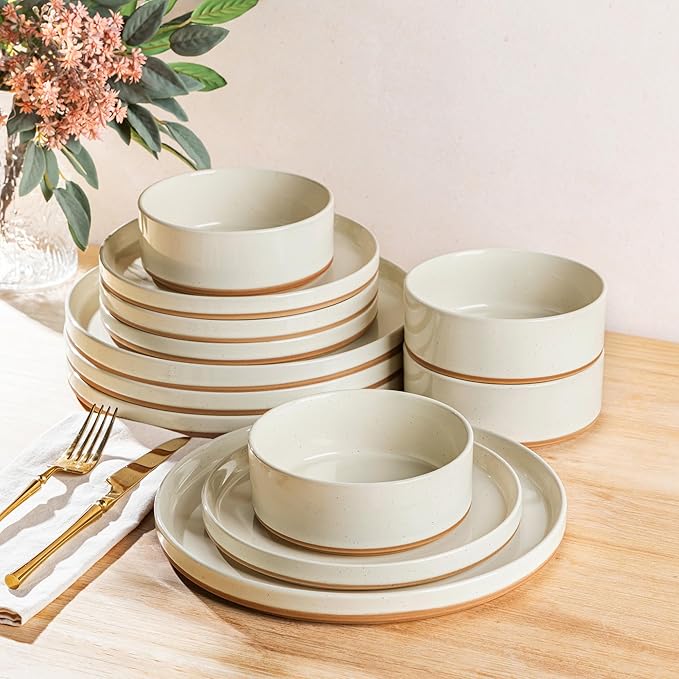 AmorArc Ceramic Dinnerware Set for 4 | Speckled Stoneware Plates and Bowls with unglazed terracotta | Scratch Resistant, Dishwasher & Microwave Safe Dishes Sets- 12-Pcs