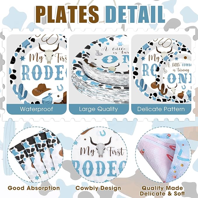 452 Pcs First Rodeo Decorations Boy, Blue Western Cowboy Paper Plates Napkins Cups Tablecloth Cutlery Straws for My 1st Rodeo Birthday Party Baby Shower Decorations Supplies for 50 Guests