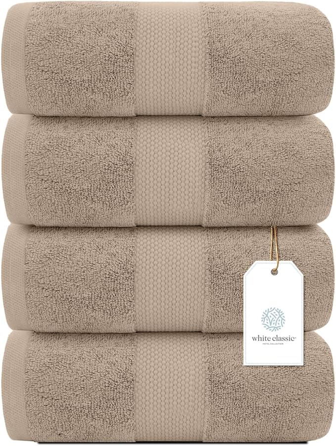 White Classic Luxury Bath Towels Set of 4 Large - 700 GSM Cotton Ultra Soft Bath Towels 27x54 | Highly Absorbent and Quick Dry | Hotel Towels for Bathroom Luxury, Plush Shower Towels, Taupe