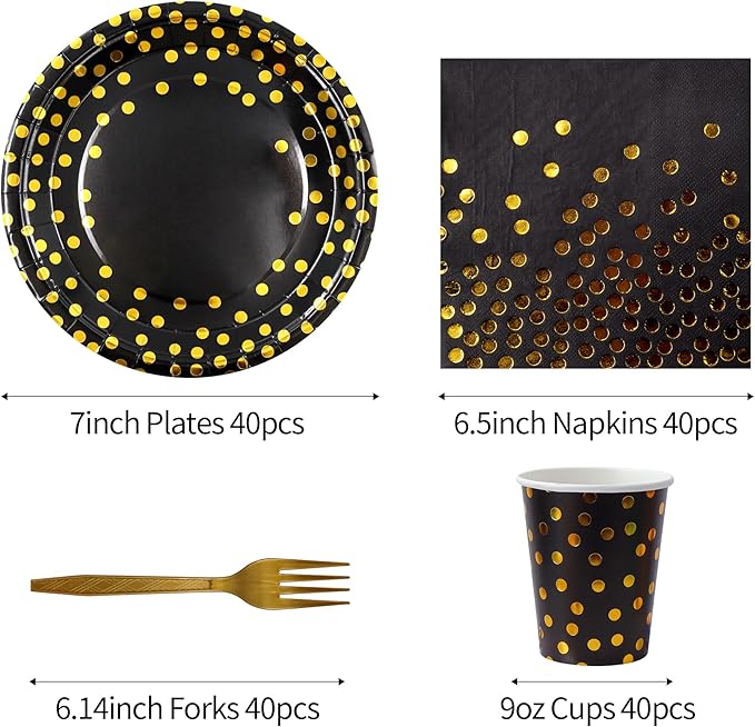 160 Pcs Black and Gold Paper Plates, Forks and Cups Party Supplies, Disposable Paper Dessert Cake Plates Tableware Supplies for Birthdays, Graduations, Weddings, Holidays (40 Guests)