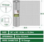 HOPERAN Hardware Cloth 1/2 Inch 36 x 50 ft - 19 Gauge Chicken Wire Fencing, Galvanized Wire Mesh Roll, Welded Wire Fence, Chicken Coop Wire Fence Gopher Wire Rabbit Wire Poultry Netting Cage