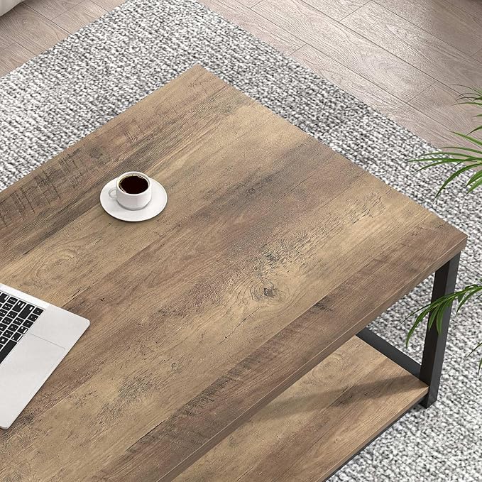 FOLUBAN Modern Coffee Table, Living Room Center Table with Storage, Wood and Metal Cocktail Table, Rustic Oak, 47 Inch