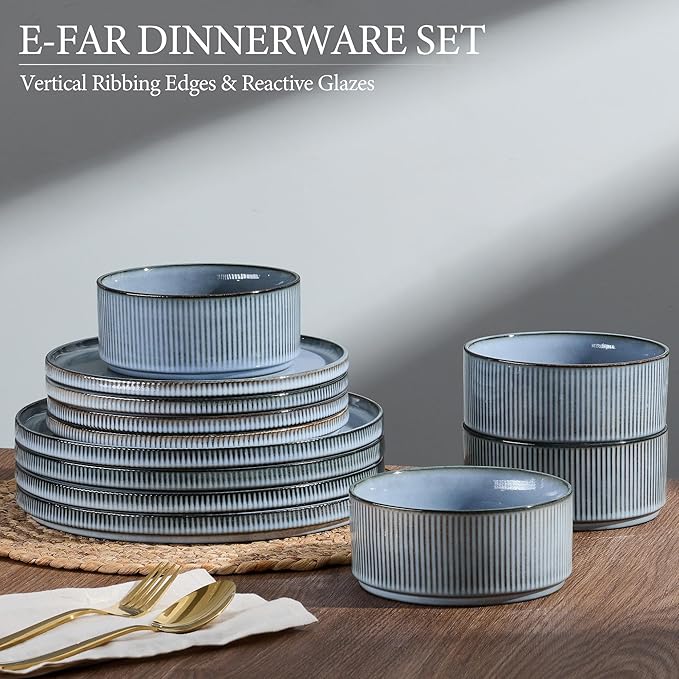 E-far Stoneware Dinnerware Sets, 18-Pieces Modern Plates and Bowls Sets, Kitchen Dinning Porcelain Dishes Set for 6, Chip & Scratch Resistant, Dishwasher & Microwave Safe, Dusty Blue