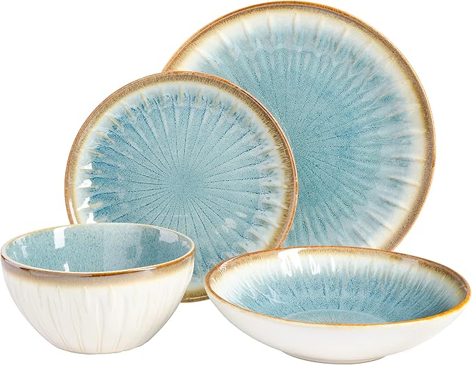 Gibson Elite Mayfair Bay Embossed Double Bowl Dinnerware Set, Service for 4 (16pcs), Blue
