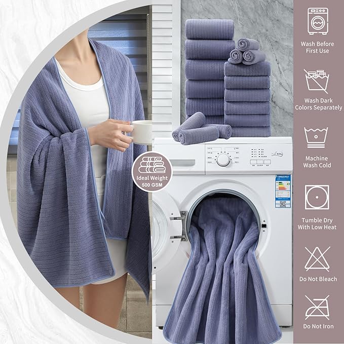 18 Piece Bath Towels Set,Soft Family Bathroom Towel Set with Hanging Loops-6 Bath Towels,6 Hand Towels,6 Washcloths,Highly Absorbent Quick Dry Shower Towel for Bathroom,Hotel,Spa-Wedgewood Towel Set