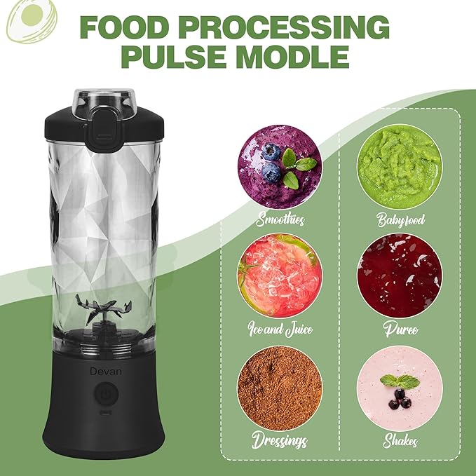 Portable Blender, Shakes and Smoothies Waterproof 20 oz BPA Free Blender Cup and a Travel Lid. (Black, 20 oz)