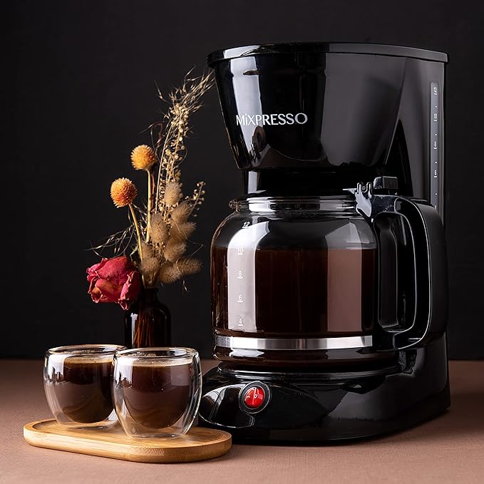 Mixpresso 12 Cup Coffee Pot, Auto-Off & Reusable Filter, Large Drip Coffee Maker 12 Cup Borosilicate Glass Carafe, Anti-Drip Coffee Machine Water Level Window, Black Electric Coffee Maker