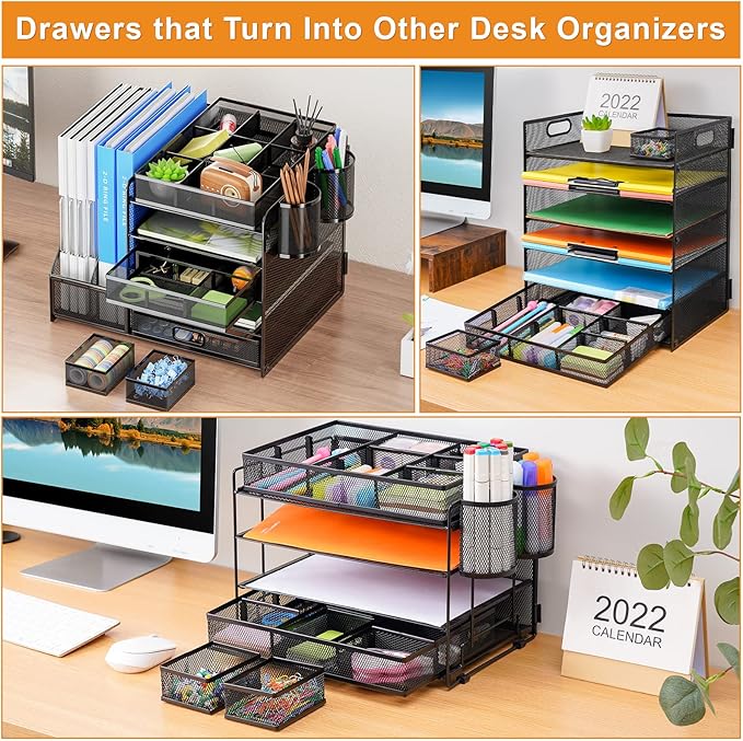 Marbrasse 3 Packs Desk Drawer Organizers, Metal Mesh Dividers Desk Drawer Organizer Tray with 9 Adjustable Compartments, Pen Organizer for Drawer Tray Box Accessories for Desktop,Kitchen, Makeup