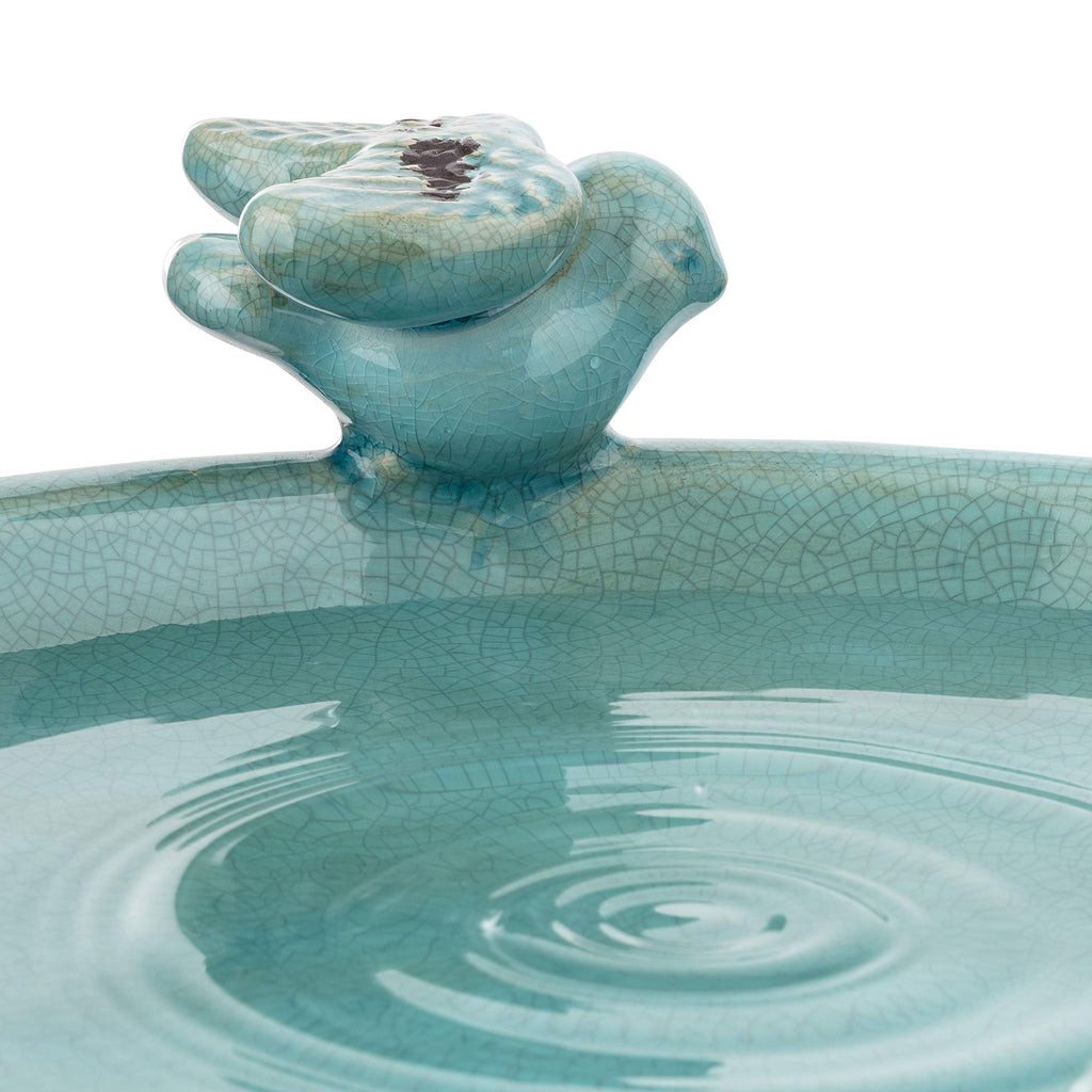 Alpine Corporation 25" Tall Outdoor Ceramic Antique Pedestal Birdbath with 2 Bird Figurines, Turquoise