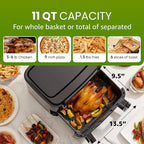 Elite Gourmet EAF1055D Dual Zone Air Fryer Oven, 11QT. Capacity with Divider, Sync Finish, Dishwasher Safe Basket, 10 Preset Functions, 1600-Watts, with Recipe Booklet, Black